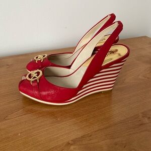 Michael Kors Red Women's Peep-Toe Wedge Slingbacks with Gold Accent